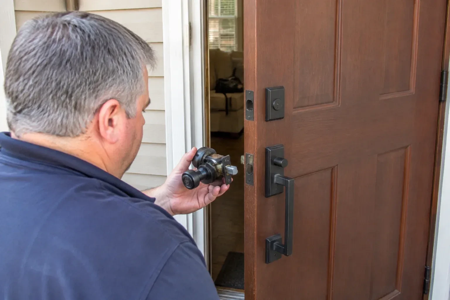 Person holding a removed black lock assembly beside a partly open brown front door with a long black pull handle. — Home Lockout Service, Aurora