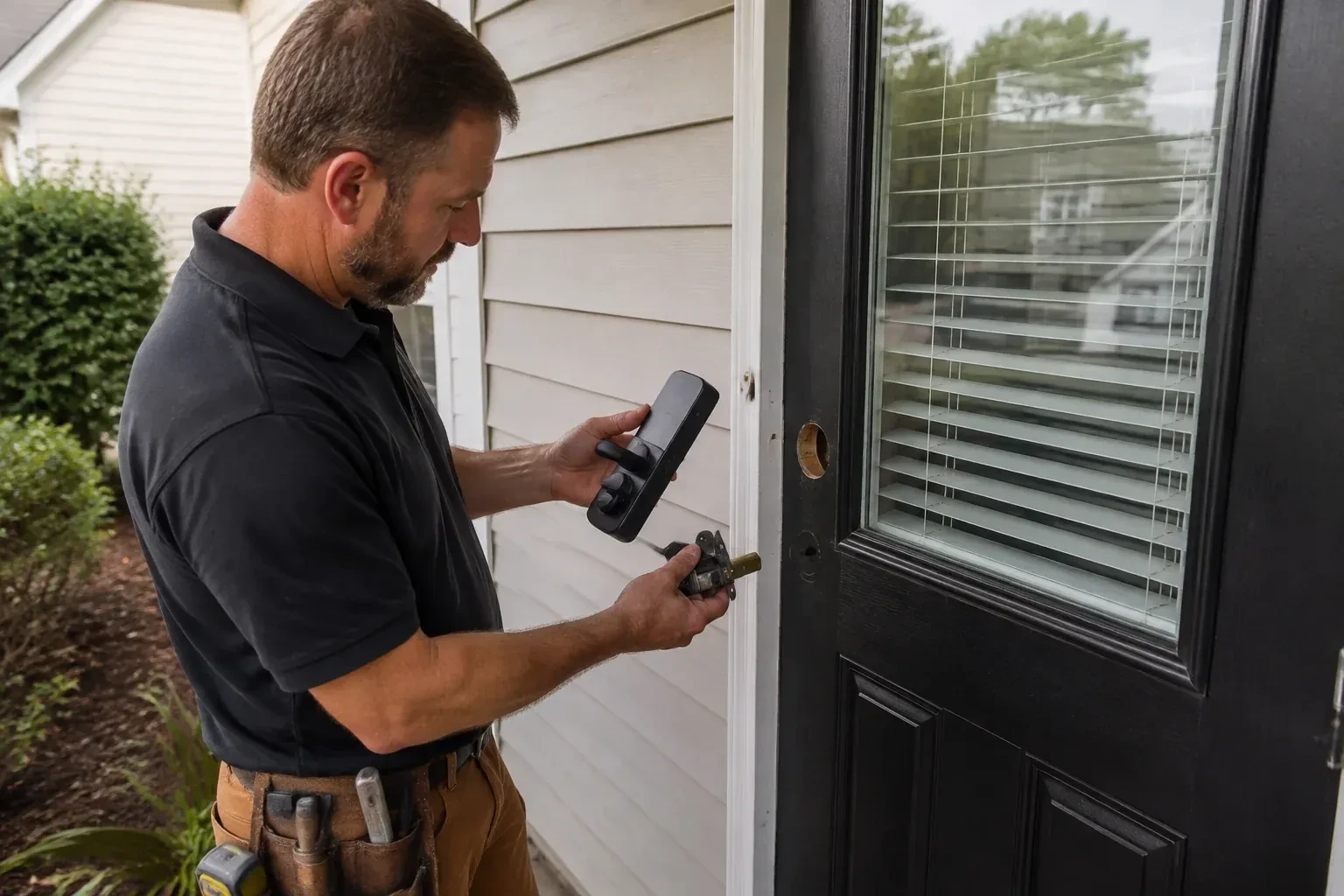 Person holding a black door-handle assembly and a latch beside a glazed door with exposed lock openings. — Smart Lock Installation, Aurora