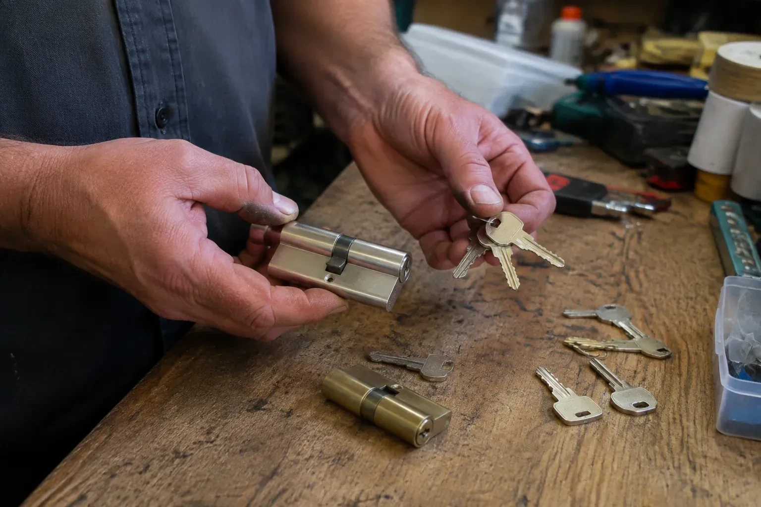 Hands holding a lock cylinder and a ring of keys above a worn workbench with another cylinder and loose keys. — Lock Rekeying, Aurora