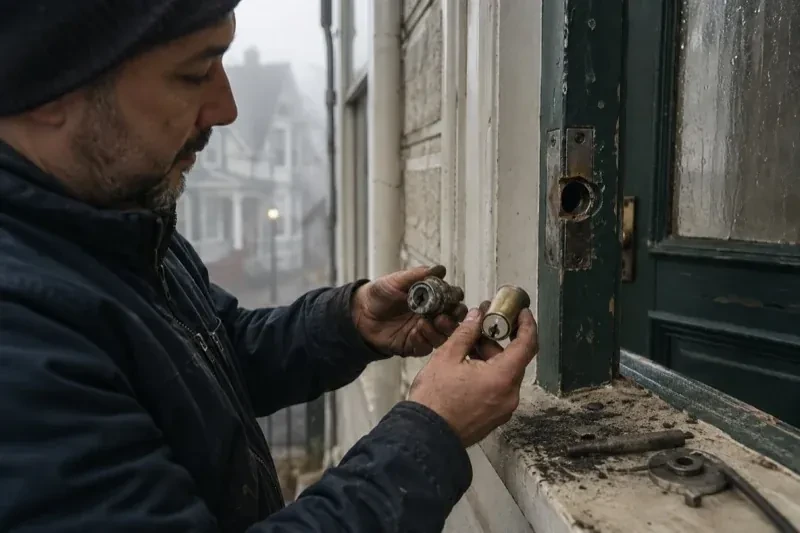 Person holding two lock cylinders beside an open painted door, with loose hardware and debris on the sill. — Seized & Jammed Lock Opening, Aurora