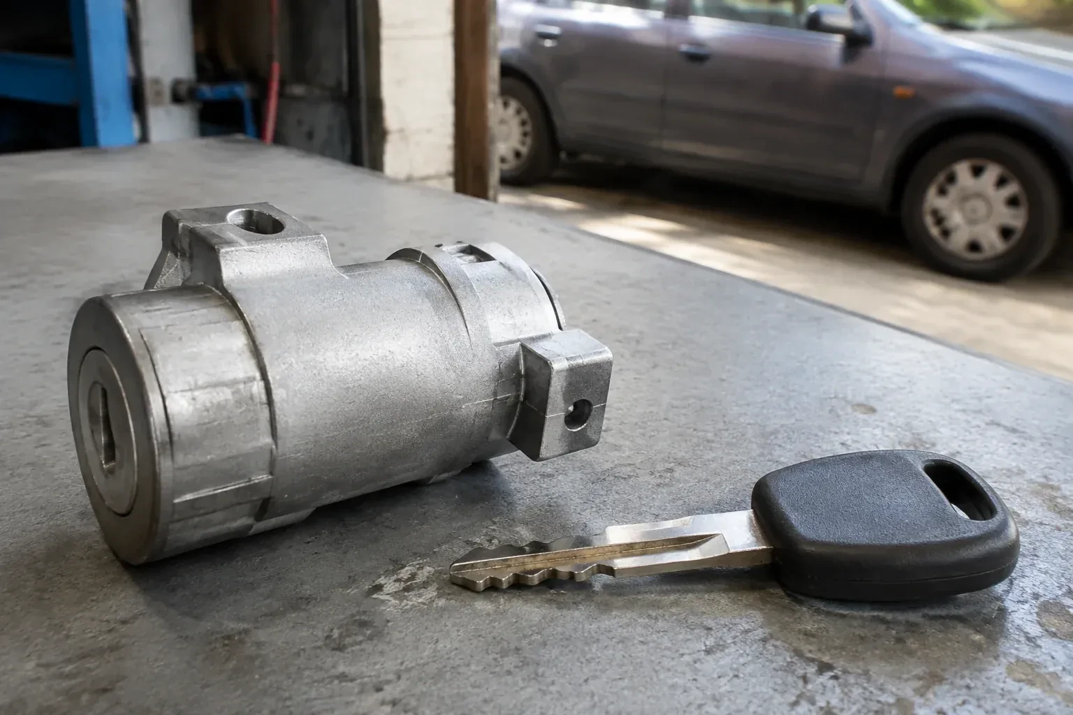 Detached cylindrical lock housing and black-headed key on an automotive workbench. — Ignition Lock Repair, Aurora