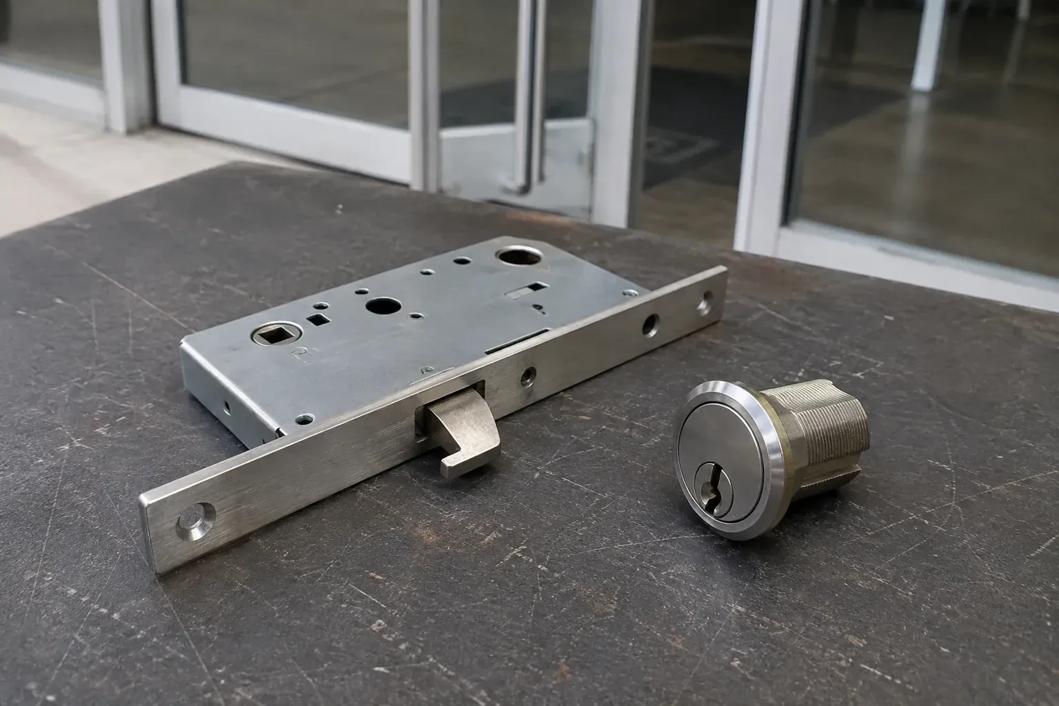 Detached mortise lock body with a projecting hook-shaped bolt beside a threaded cylinder. — Commercial-Grade Lock Replacement, Aurora