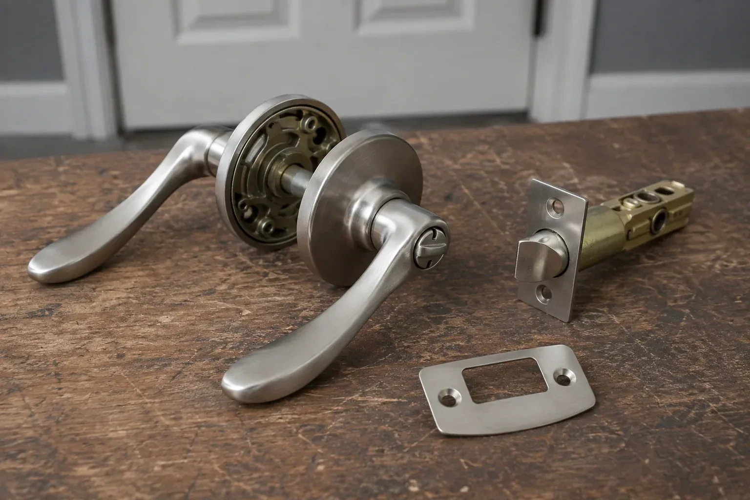 Detached satin-nickel lever hardware, tubular latch and strike plate on a wooden workbench. — Lock Replacement & Upgrade, Aurora