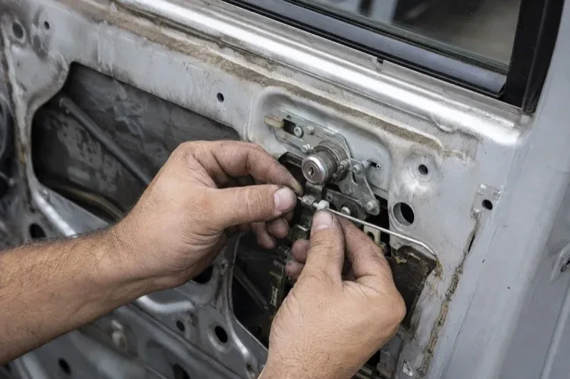 Hands holding a small linkage beside an exposed car-door lock mechanism with the interior trim removed. — Vehicle Lock Repair, Aurora