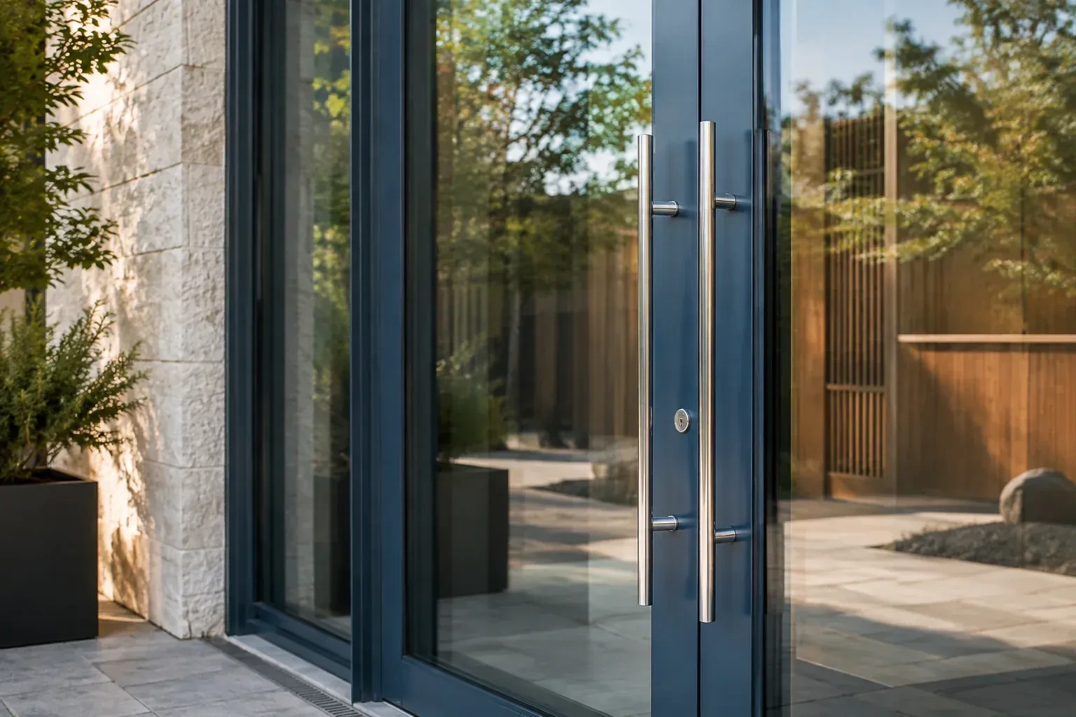 Dark-framed glass entrance doors with long silver-colored vertical pull handles and a round keyhole. — Business Lockout Service, Aurora