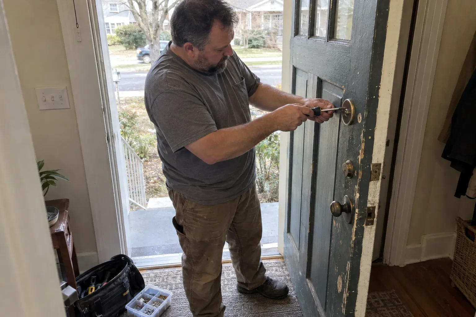Technician using a screwdriver on the deadbolt of an open blue-gray front door, with a tool bag and screw tray nearby. — Deadbolt Installation, Aurora