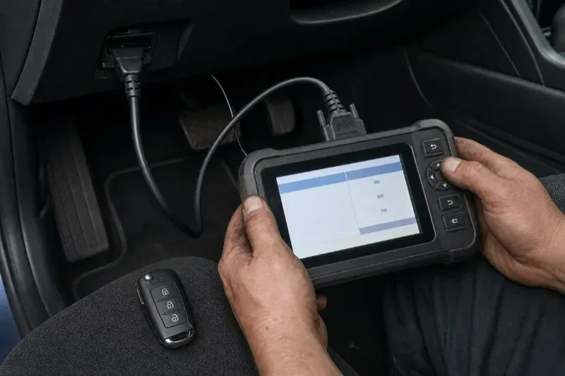 Hands holding a diagnostic tablet connected beneath a car dashboard, with a key fob resting on the person’s leg. — Key Fob Programming, Aurora