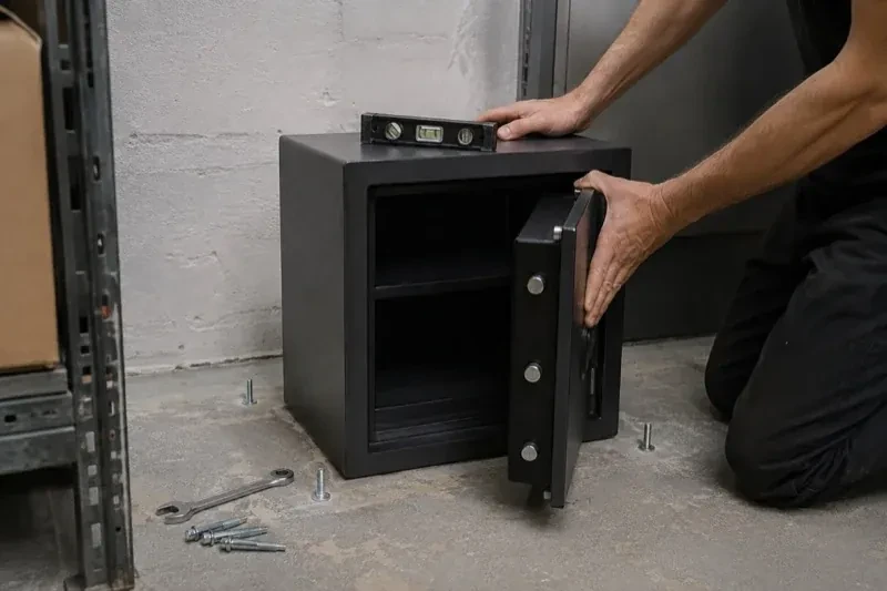 Person kneeling beside an open black safe with a spirit level on top and loose bolts and a wrench on the concrete floor. — Safe Installation & Servicing, Aurora