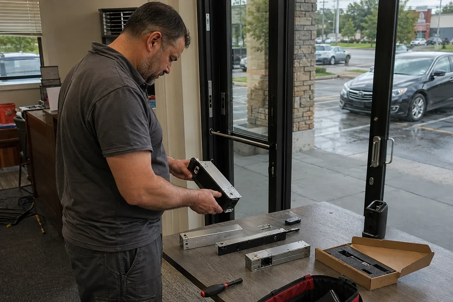 Person holding a rectangular door-hardware housing at a table with additional metal assemblies beside a glass entrance. — Access Control Installation, Aurora