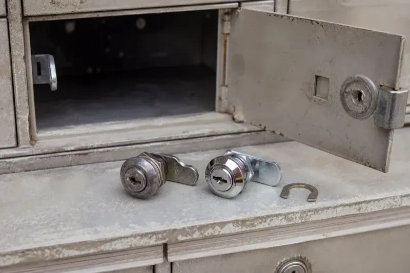 Two loose cam locks and a retaining clip resting below an open metal mailbox compartment. — Mailbox Lock Replacement, Aurora
