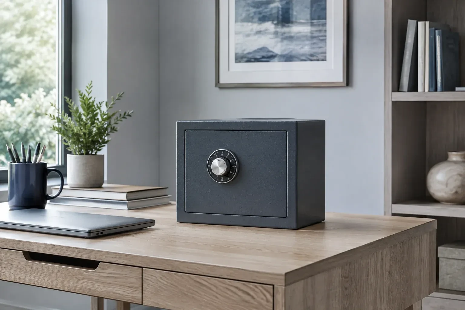 Small dark safe with a combination dial on a wooden desk beside a closed laptop and books. — Safe Opening & Combination Change, Aurora