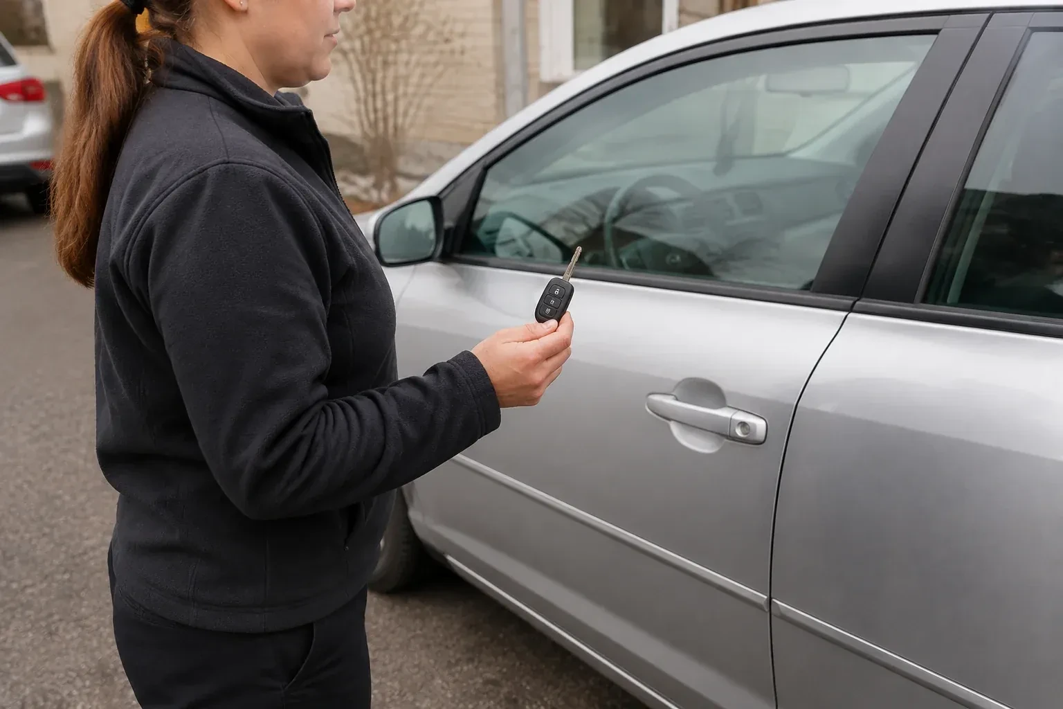 Technician holding a remote key with an extended blade beside a silver car. — Car Key Replacement, Aurora