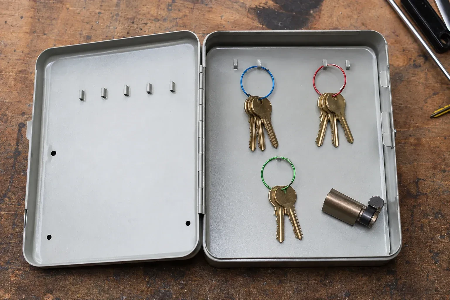 Three groups of keys on colored rings in an open metal key cabinet. — Master Key System Design, Aurora