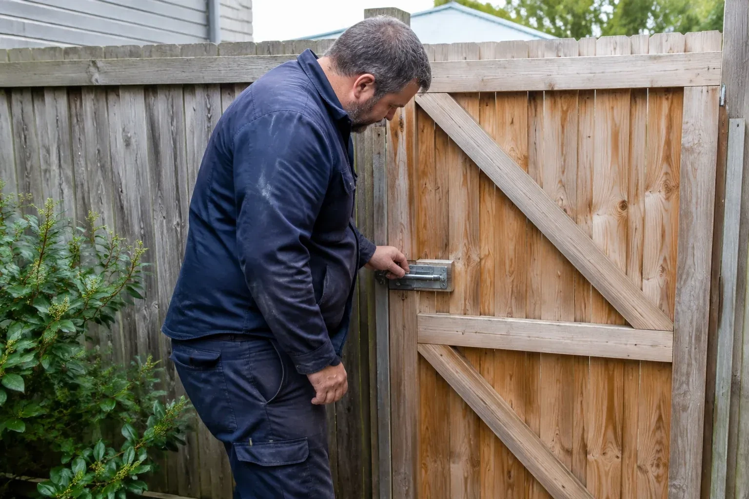 Person touching the sliding metal bolt on a wooden garden gate. — Gate & Building Entry Locks, Aurora
