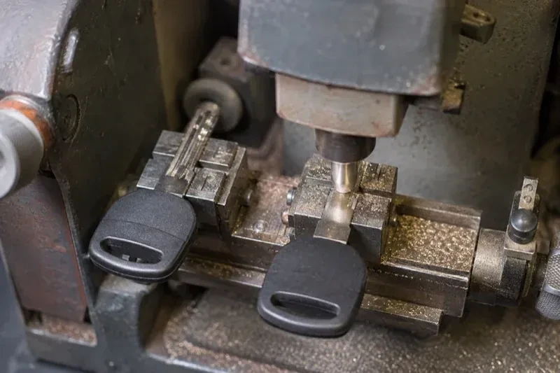 Two black-headed keys clamped in a bench machine, one beneath a vertical cutter, with metal shavings around the clamps. — Spare Car Key Duplication, Aurora