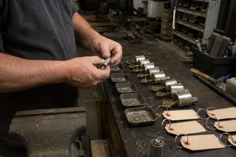 Person handling a lock cylinder at a workbench lined with cylinders, keys, small pin trays and blank key tags. — Commercial Rekeying, Aurora